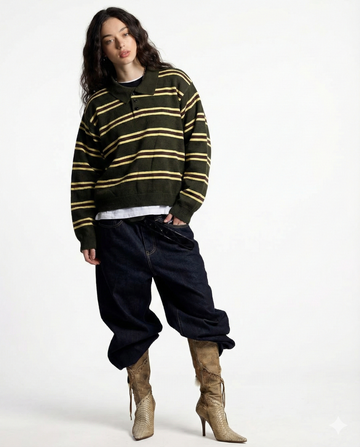 Olive Striped Knitted Polo Shirt