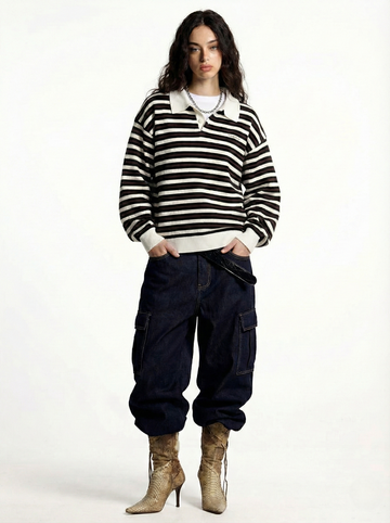 White Striped Knitted Polo Shirt